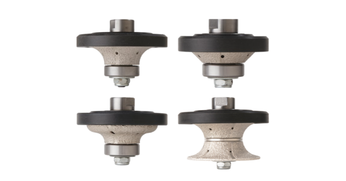 Image of four brazed angle grinder profilers, showing bullnose, beveled, Ogee, and round over edges.