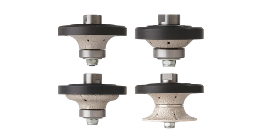 Image of four brazed angle grinder profilers, showing bullnose, beveled, Ogee, and round over edges.