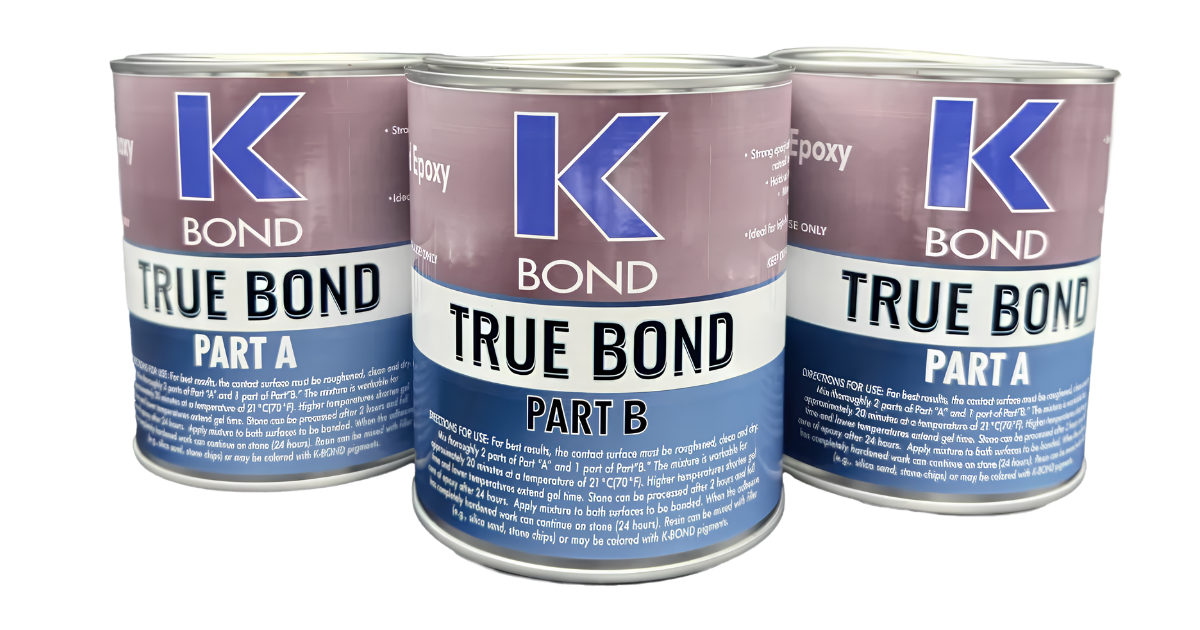 K-Bond True Bond 2:1 Flowing Epoxy showing 2 Gallon Cans of Part A and 1 Gallon Can of Part B