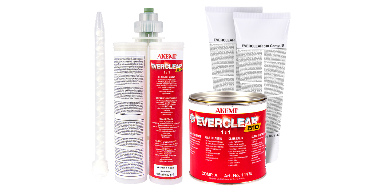 Akemi Everclear 510 Products including applicator, 400ml product front and back, quart can in red and white and 2 tube everclear 510 comp b