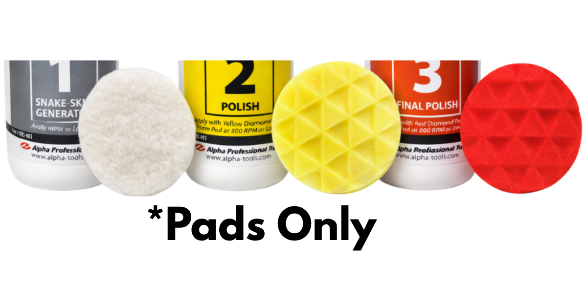 Alpha Quartz Resurfacing Pads - Step 1 pad is a white round wool pad, Step 2 is a Yellow Round diamond design pad and step 3 is a red round diamond design pad