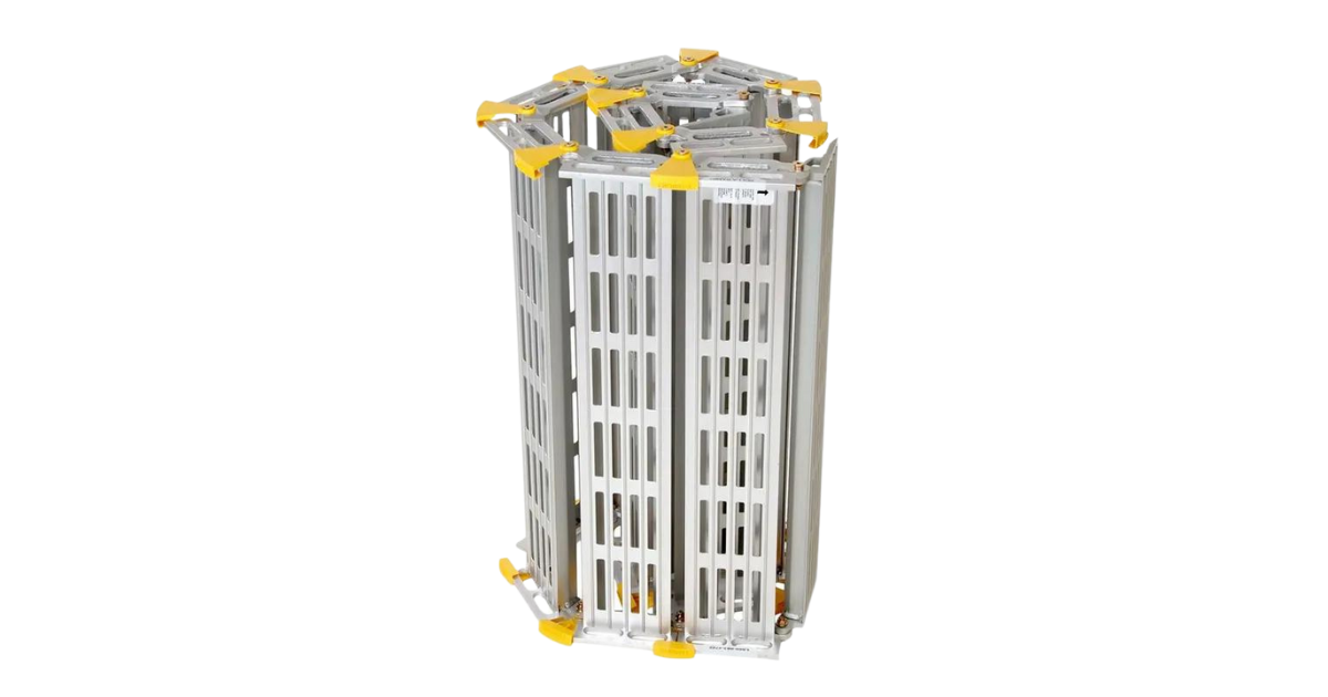 A heavy duty aluminum loading ramp with yellow edges and connectors, designed to be portable and expandable.