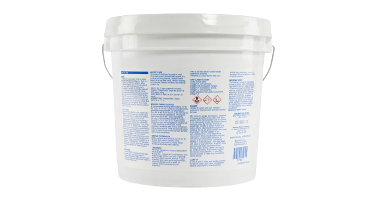 Rear View of the 1 Gallon Bucket of Touchstone T-2000 Epoxy Setting Adhesive.