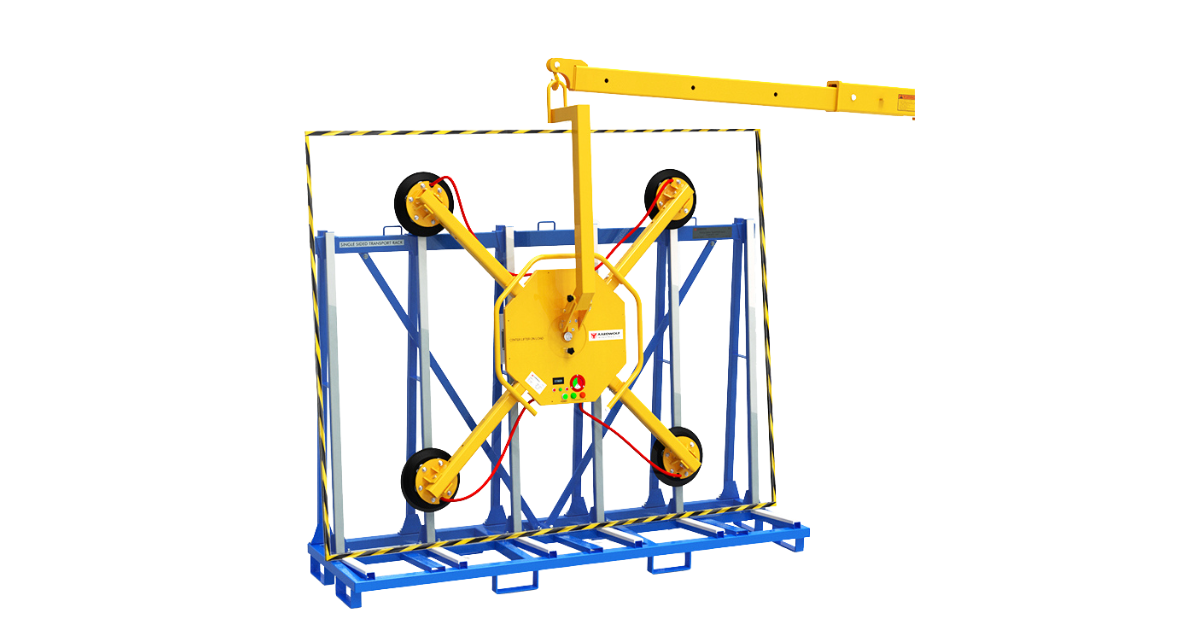 Aardwolf ARGL-500DC Glass lifter on a forklift boom being used to pick up a piece of glass vertically from a transport rack