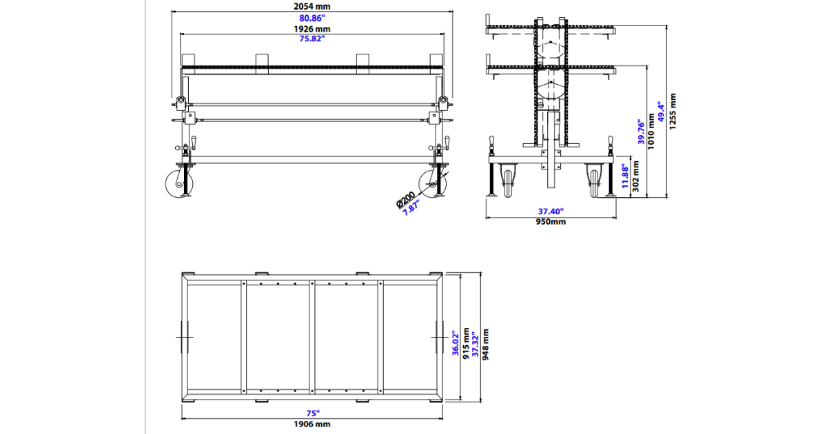 Schematic drawing of the Aardwolf Adjustable Height Work Table with measurement specifications