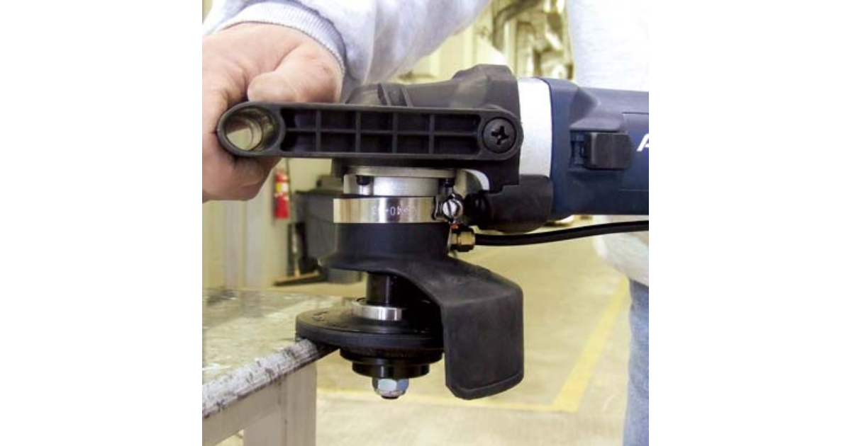 Person using VSP-320 Variable Speed Wet Polisher with Profiler B Demi-Bullnose 3/8" (1cm) attached on a countertop