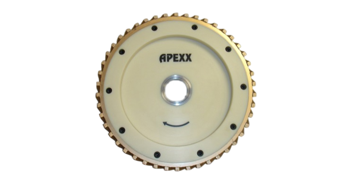 Ocean Diamond APEXX Milling Wheel designed to plane concrete bed of bridgesaws and calibrate stone slabs. Representing the Apexx Diamond Tools Collection.
