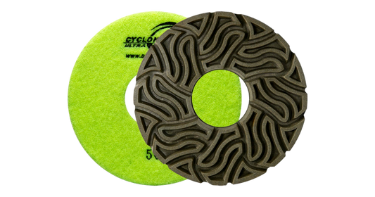 50 Grit Cyclone Ultra polish pad showing the front side and the green velcro back