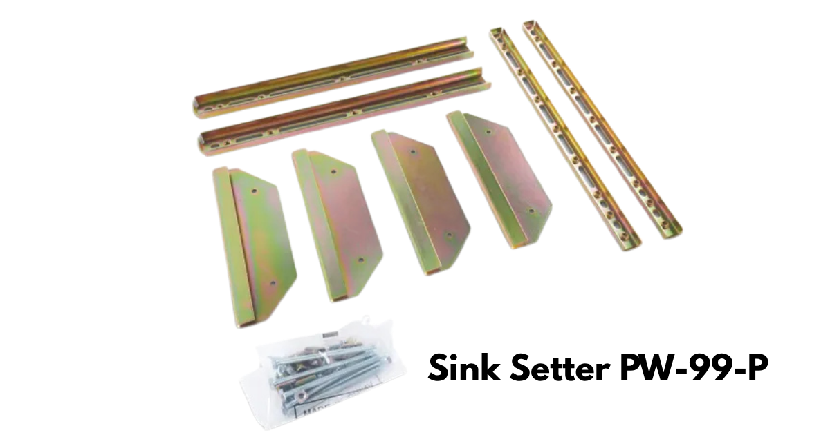 Sink Setter Undermount Sink Installation Kit - PW-99-P showing 2 Inner & 2  Outer metal Channels, bag of screws, nuts and bolts, 4 metal side plates
all parts of the sink setter PW-99-P