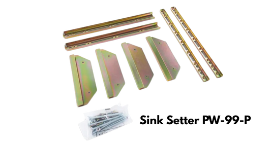 Sink Setter Undermount Sink Installation Kit - PW-99-P showing 2 Inner & 2  Outer metal Channels, bag of screws, nuts and bolts, 4 metal side plates
all parts of the sink setter PW-99-P