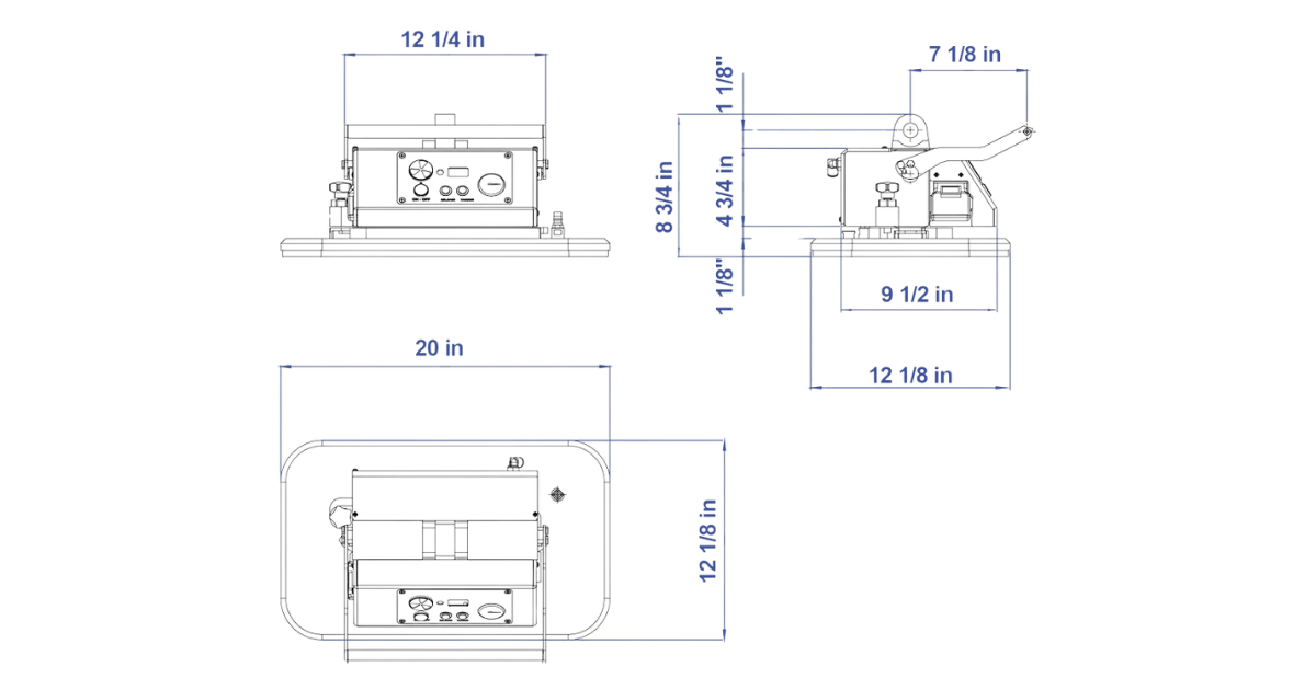 Aardwolf Battery Handy Vacuum Lifter ABHVL-500 diagram with 3 views and measurements