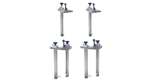 Four metal stands with adjustable knobs on a transparent background