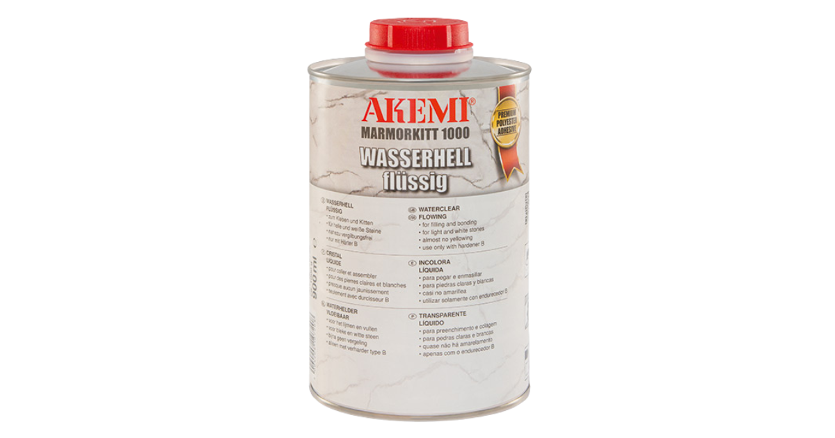 A container of Akemi marble filler in a transparent waterclear liquid, with a red cap on a white background.