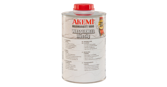 A container of Akemi marble filler in a transparent waterclear liquid, with a red cap on a white background.