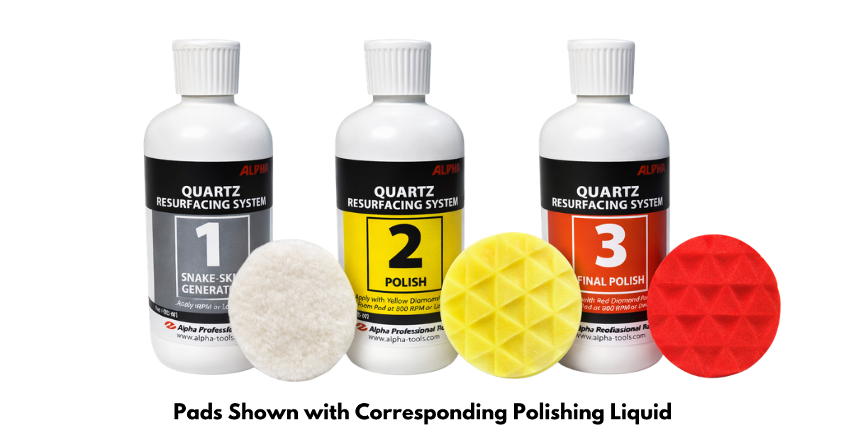 Alpha Resurfacing System Step 1, Step 2  & Step 3 Liquid Polish Bottles with corresponding pads in white, yellow and red