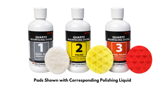 Alpha Resurfacing System Step 1, Step 2  & Step 3 Liquid Polish Bottles with corresponding pads in white, yellow and red