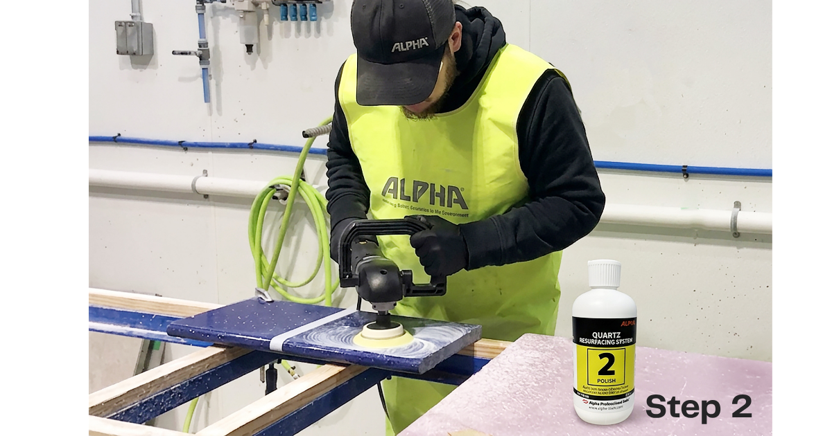 Action Photo of Step 2 with man polishing stone