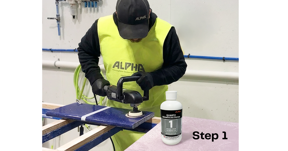 Action Photo of Step 1 with man polishing stone