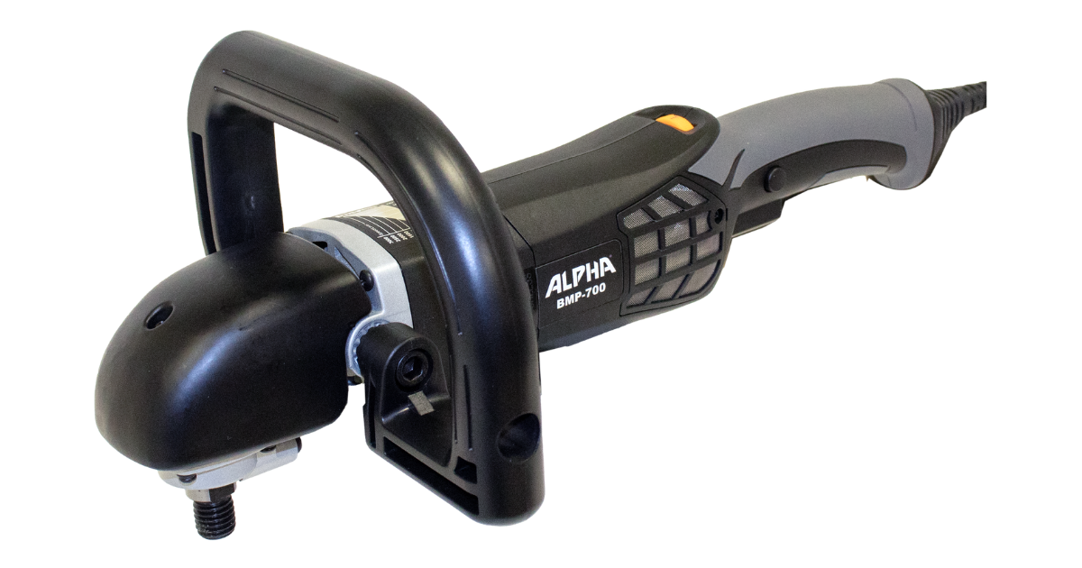 Black and gray ALPHA variable speed rotary polisher on a transparent packground