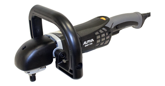 Black and gray ALPHA variable speed rotary polisher on a transparent packground