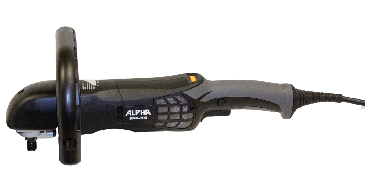 Side view of the Black and gray ALPHA variable speed rotary polisher on a transparent packground