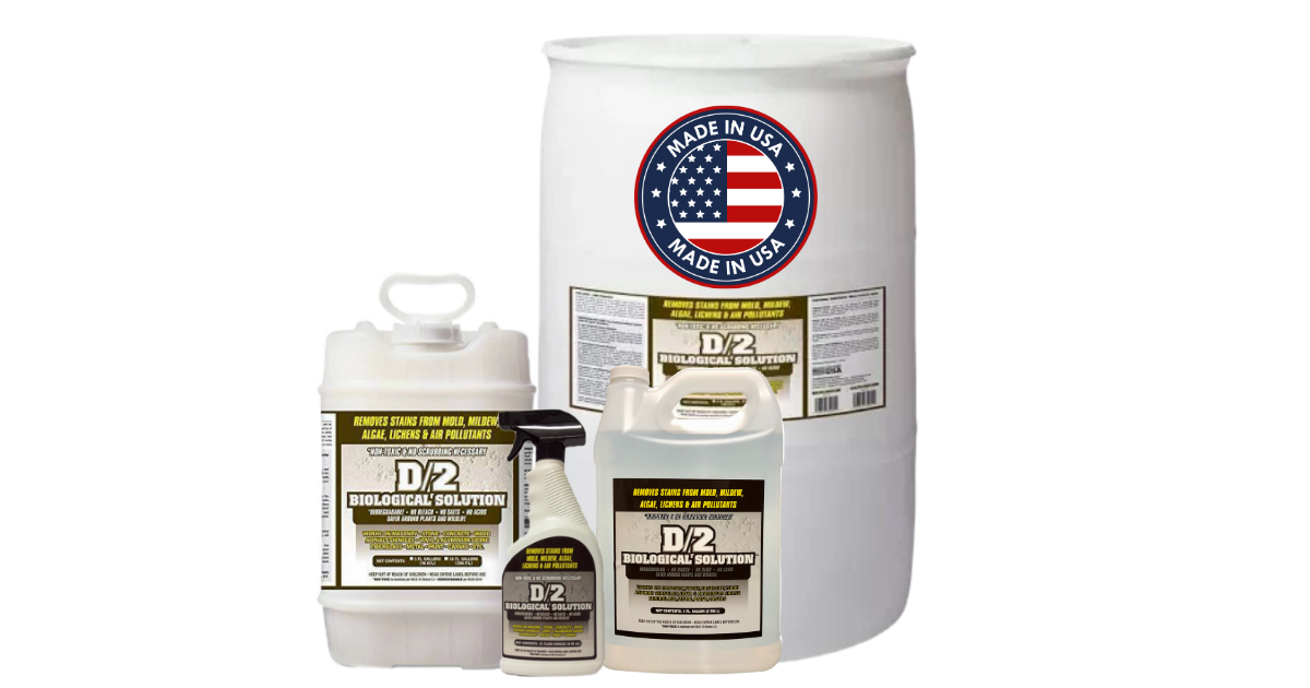 A white plastic D2 Biological Solutions drum and two smaller white plastic containers with black caps and labels, shown on a plain white background. The drum features a circular 'Made in USA' label with an American flag design.