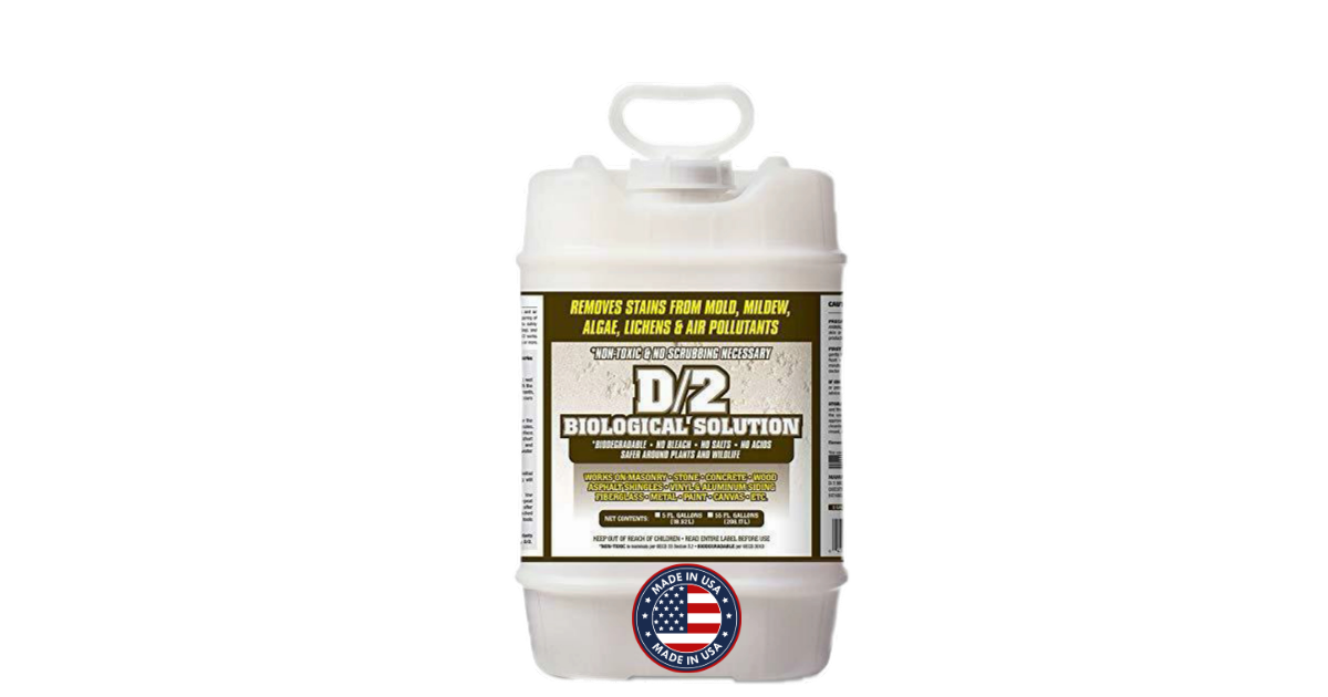 A white plastic container of D/2 Biological Solution with a white flip-top cap and a brown and white label featuring an American flag seal.