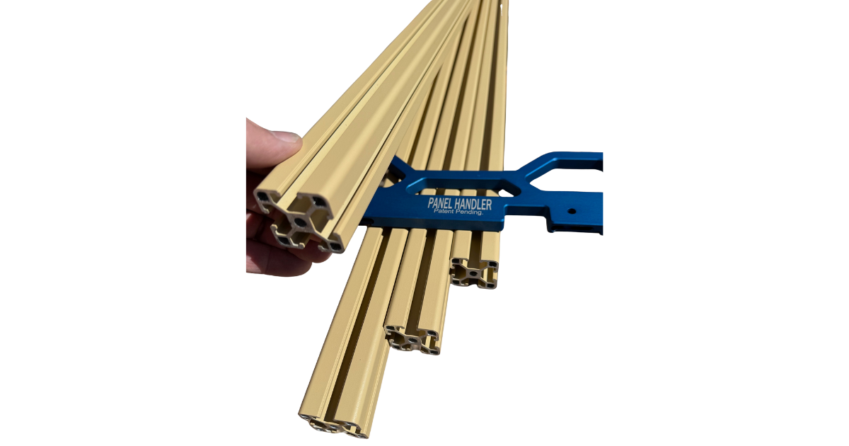 Panel Handler Blue Bridge shown with 4 Gold Rex rails showing square end of rails