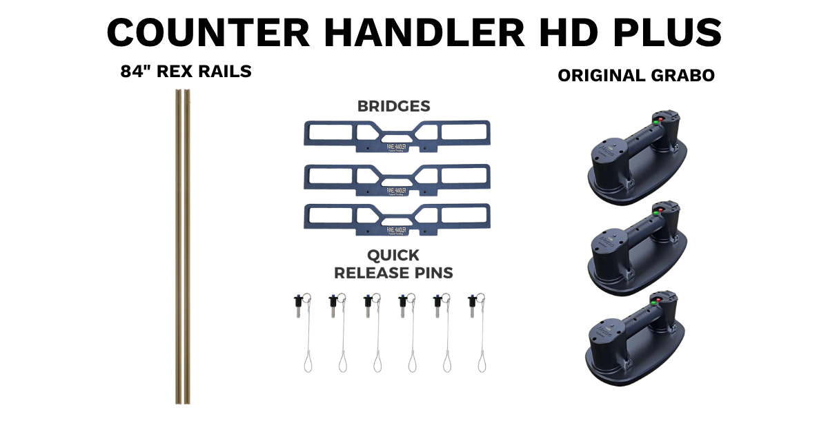 Counter Handler HD Plus with each item included laid out. Includes 3 Grabos, 3 Blue Bridges, 6 Quick Pins and 2 Gold Rex Rails
