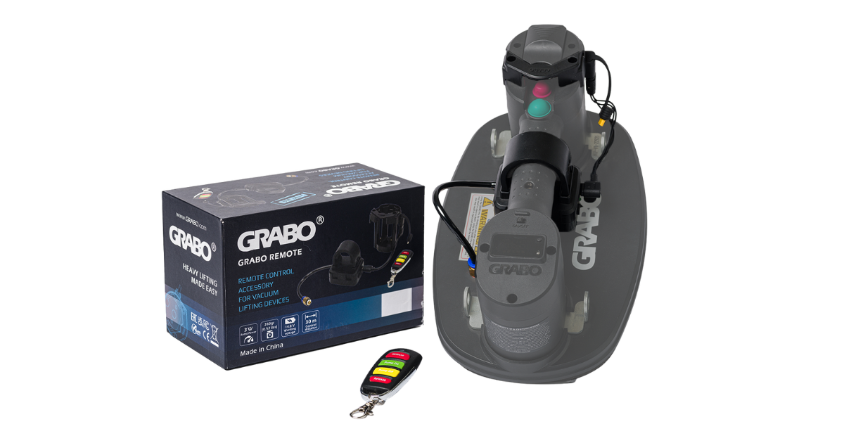 GRABO remote control system with receiver, remote, and packaging with a transparent background