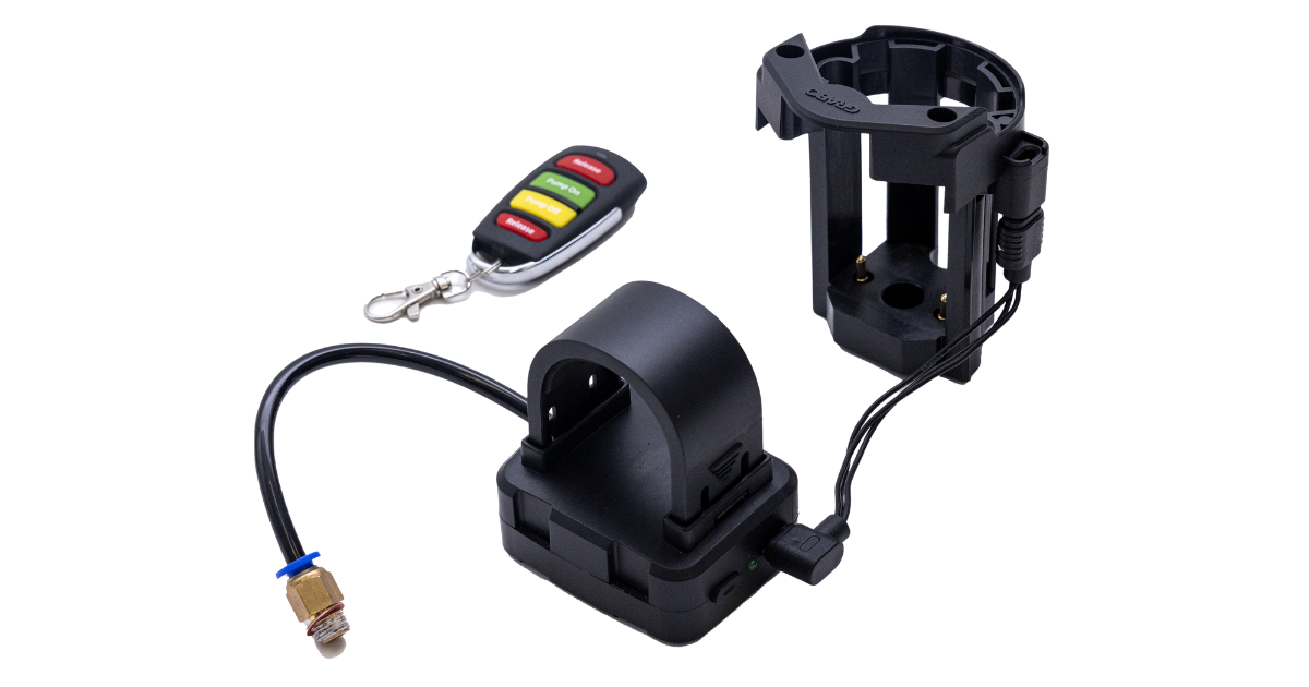 Set of electronic devices including a GRABO remote control with the receiveing pieces and wire put together with a transparent background