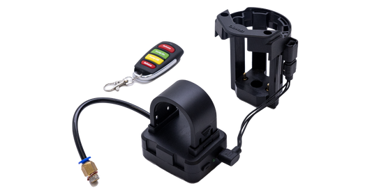 Set of electronic devices including a GRABO remote control with the receiveing pieces and wire put together with a transparent background