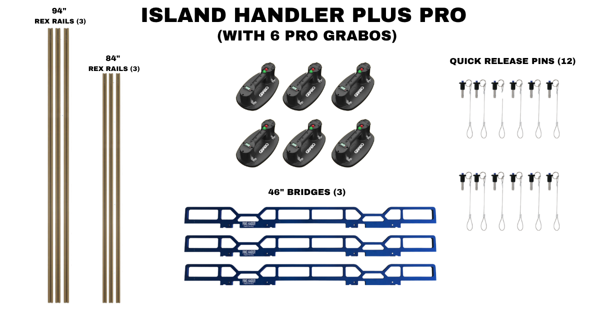 Island Handler Plus Pro Kit  with each piece included laid out.  Includes 6 Pro Grabos, 6  gold Rex Rails in 2 sizes, 3 each of 94" and 84", 3 Blue bridges, and 12 quick pins - all labeled in photo