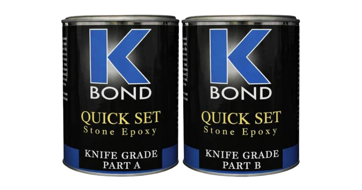 K-Bond Quick Set Epoxy Knife Grade Gallon Part A & Part B in Black Gallon Cans with Blue and White logo and product description on lable
