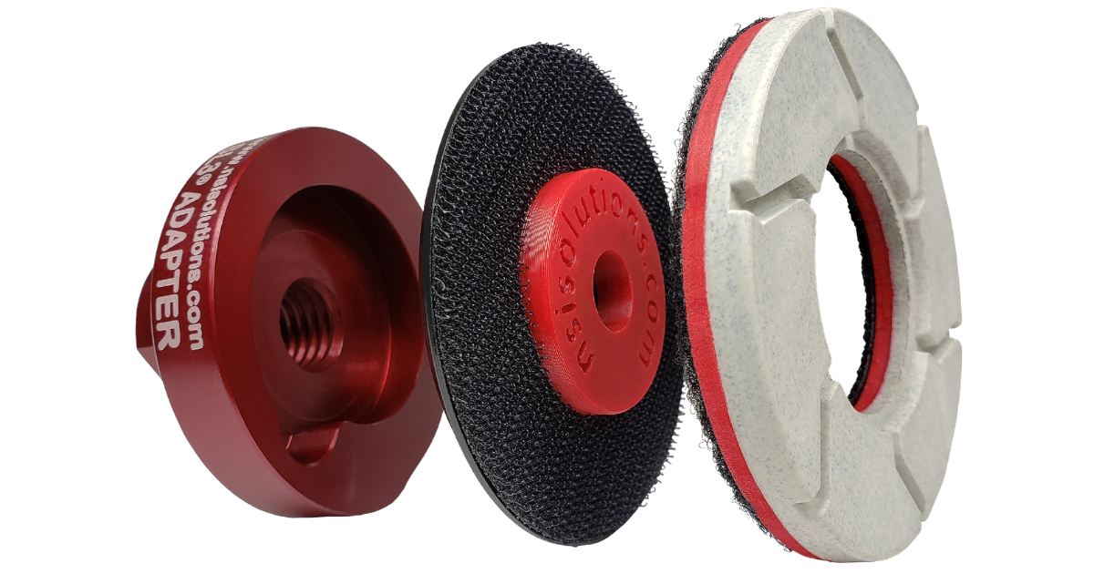 NSI SL3 3", H&L CTR Hub Backer Black disc with red center with nsisolutions.com marking shown sandwiched between adapter and floater pad