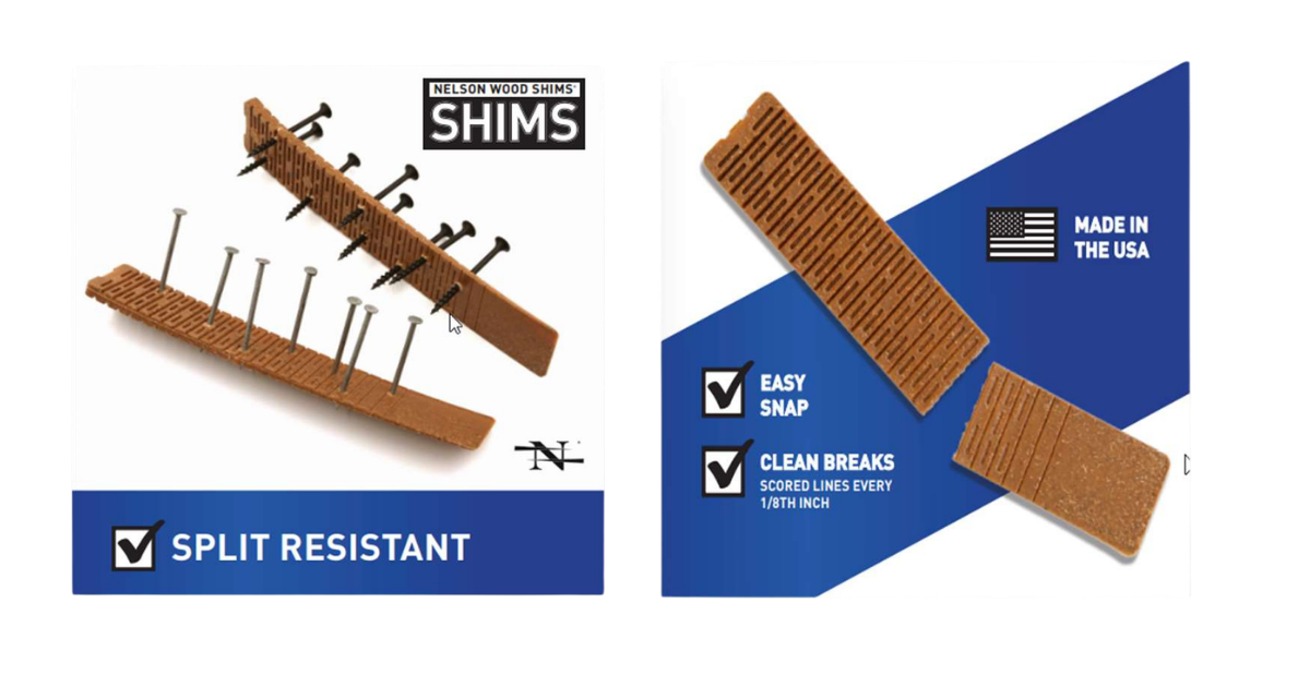 2 Composite Shims Shown with black screws in one and nails in the other shim - split resistant and composite shim shown with clean break and made in usa logo