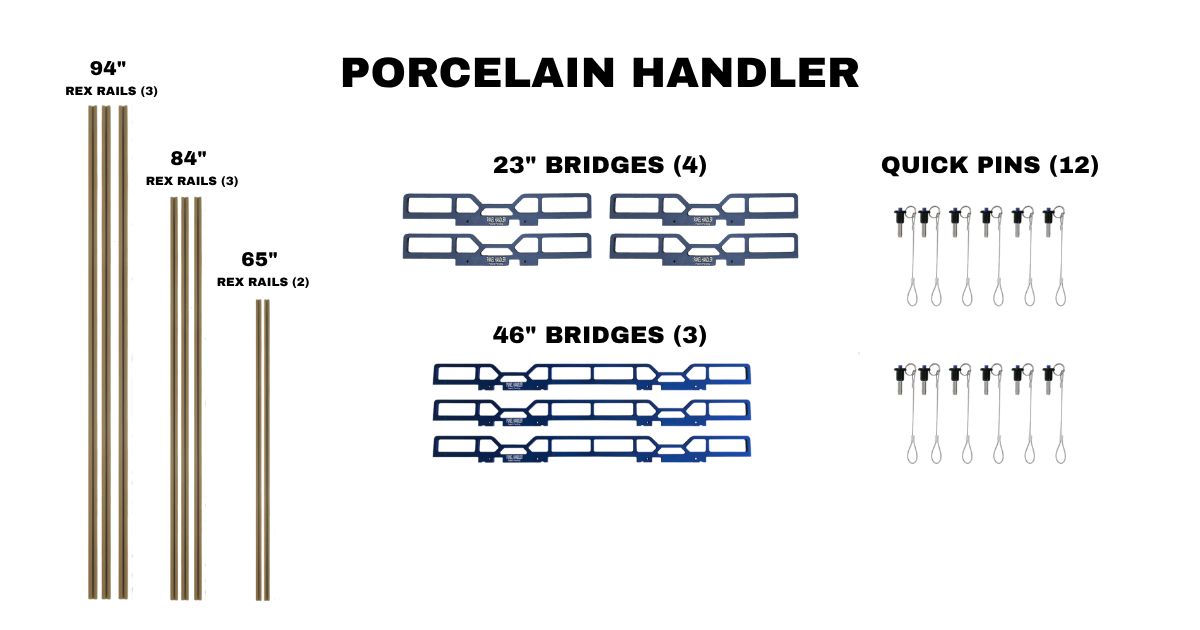 Porcelain Handler Kit Pieces showing 3 sizes of Rex Rails, 8 in total, 2 sizes of Bridges, 7 in total, and 12 quick pins all laid out and labeled