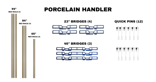 Porcelain Handler Kit Pieces showing 3 sizes of Rex Rails, 8 in total, 2 sizes of Bridges, 7 in total, and 12 quick pins all laid out and labeled