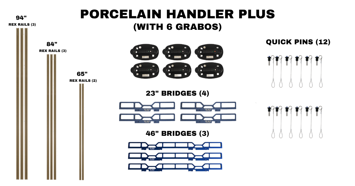 Porcelain Handler Plus Kit Pieces showing 6 Grabos, 3 sizes of Rex Rails, 8 in total, 2 sizes of Bridges, 7 in total, and 12 quick pins all laid out and labeled