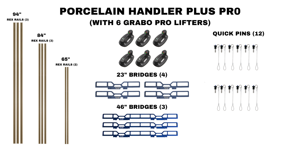 Porcelain Handler Plus Pro Kit Pieces showing 6 Pro lift  Grabos, 3 sizes of Rex Rails, 8 in total, 2 sizes of Bridges, 7 in total, and 12 quick pins all laid out and labeled