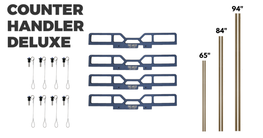Counter Handler Deluxe Kit with items included laid out.  8 quick pins, 4 blue colored bridges, and 6 total gold rex rails 2 each 65", 84", 94"