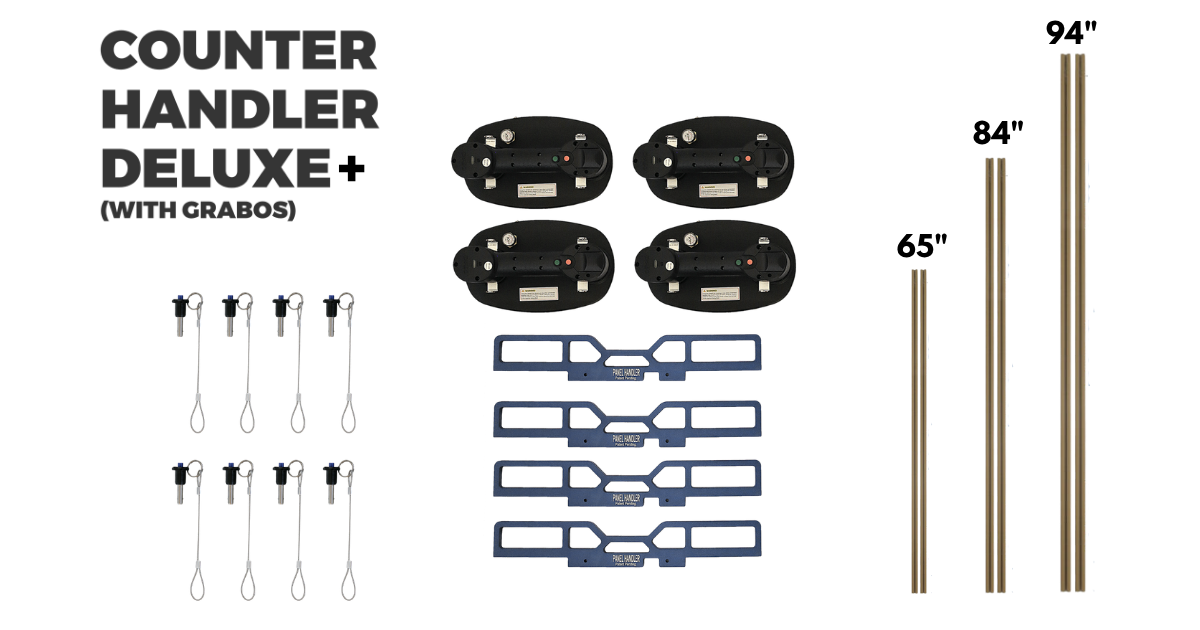 Counter Handler Deluxe Kit plus with items included in kit laid out.  4 Grabos, 8 quick pins, 4 blue colored bridges, and 6 total gold rex rails 2 each 65", 84", 94"