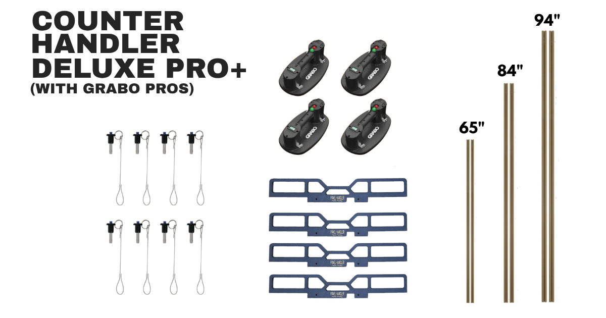 Counter Handler Deluxe Pro Plus Kit plus Pro with items included in kit laid out.  4 Grabo Pros, 8 quick pins, 4 blue colored bridges, and 6 total gold rex rails 2 each 65", 84", 94"