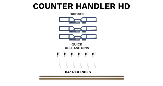 Counter Handler HD with each item included laid out. Include 3 Blue Bridges, 6 Quick Pins and 2 Gold Rex Rails