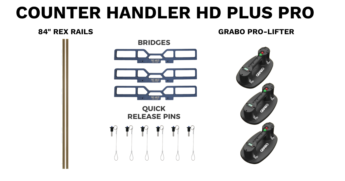 Counter Handler Plus Pro HD with each item included laid out. Includes 3 
Grabo Pros, 3 Blue Bridges, 6 Quick Pins and 2 Gold Rex Rails