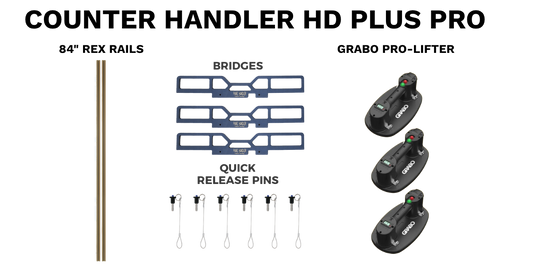 Counter Handler Plus Pro HD with each item included laid out. Includes 3 
Grabo Pros, 3 Blue Bridges, 6 Quick Pins and 2 Gold Rex Rails