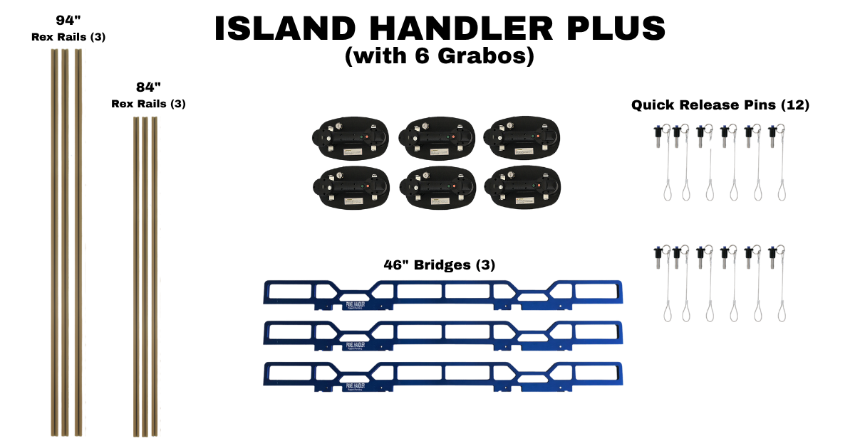Island Handler Plus Kit  with each piece included laid out.  Includes 6 Grabos, 6  gold Rex Rails in 2 sizes, 3 each of 94" and 84", 3 Blue bridges, and 12 quick pins - all labeled in photo