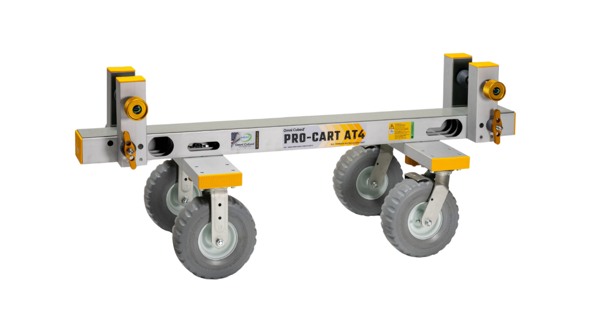Omni Cubed Pro-Cart AT4 shown in full side view with labels and warnings on cart