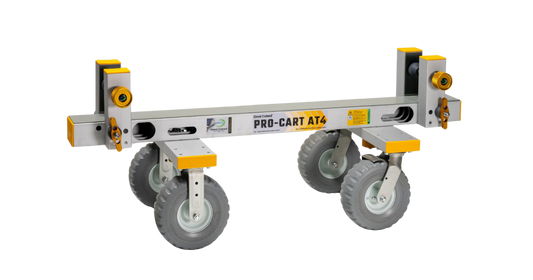 Omni Cubed Pro-Cart AT4 shown in full side view with labels and warnings on cart