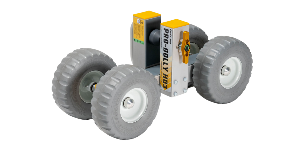 Omni Cubed Pro Dolly HD3 shown angled with 4 tires and adjustable clamp